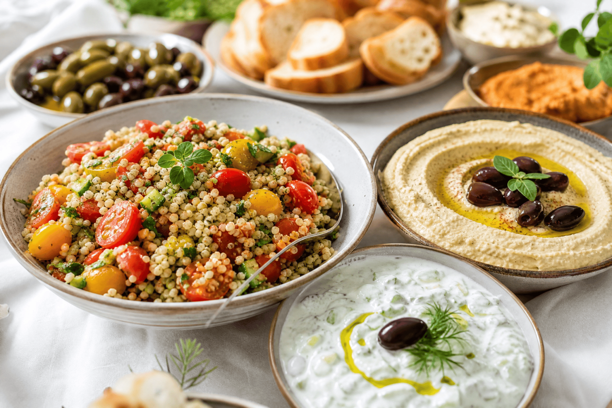 Fargerik vegetarrett med couscous, tomater og oliven på bordet.