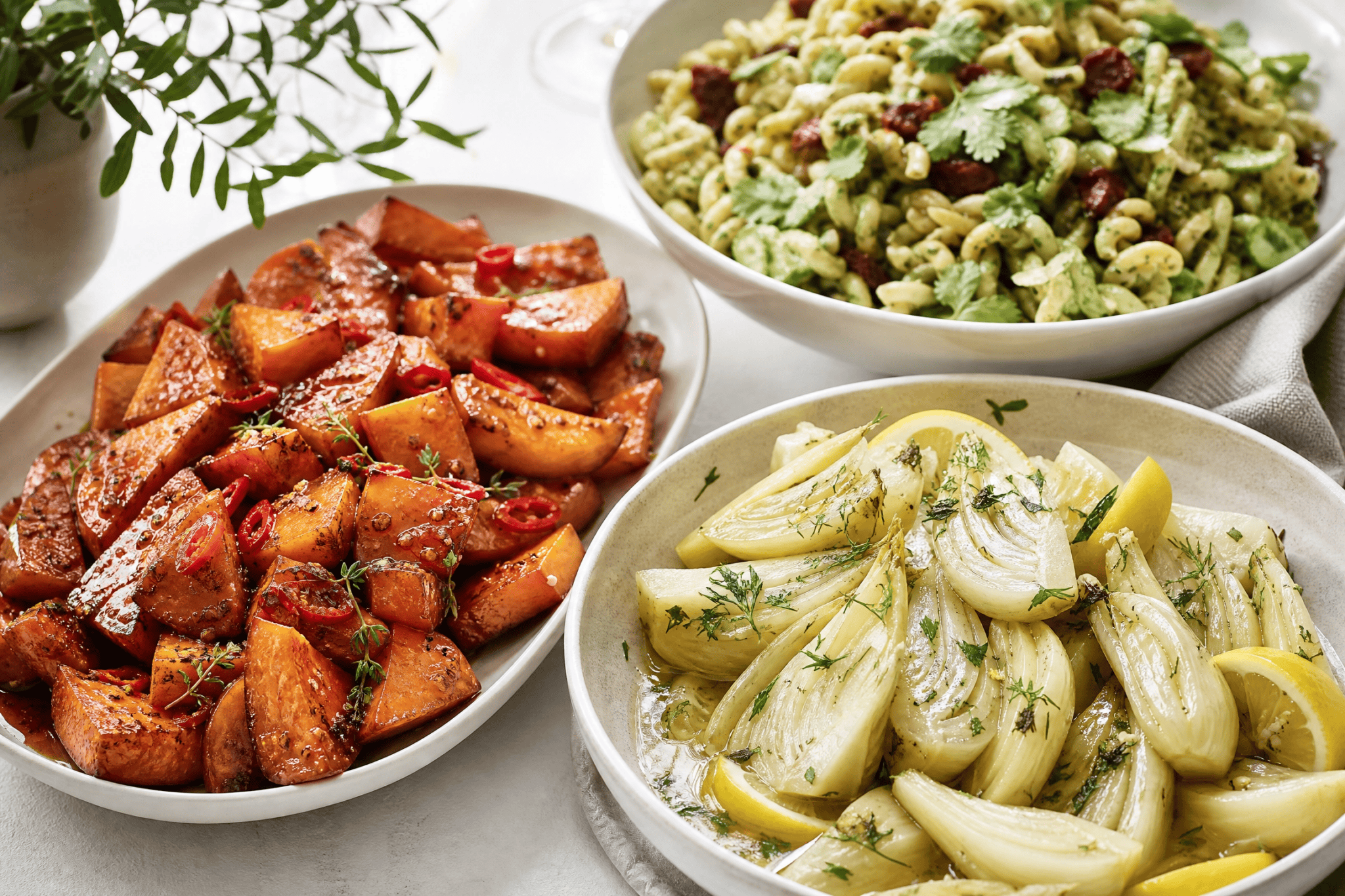 Vegetarmeny med pasta, poteter og grønnsaker for en sunn måltid.