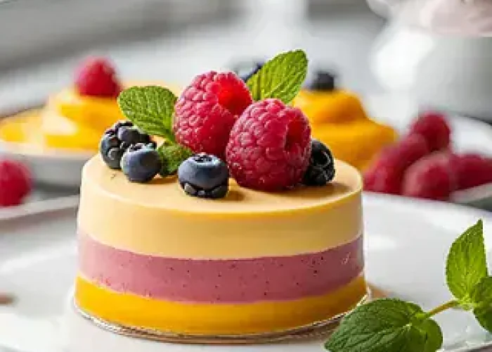 Kake med friske bær, mousse og mynte, perfekt for kaker og dessert.