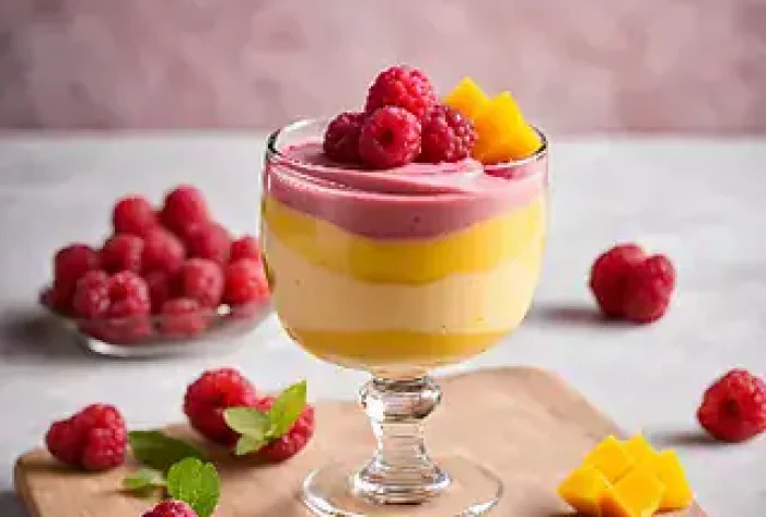 Bildet viser en elegant dessert i et glass med lag av frukt og krem, pyntet med friske bær og mango.