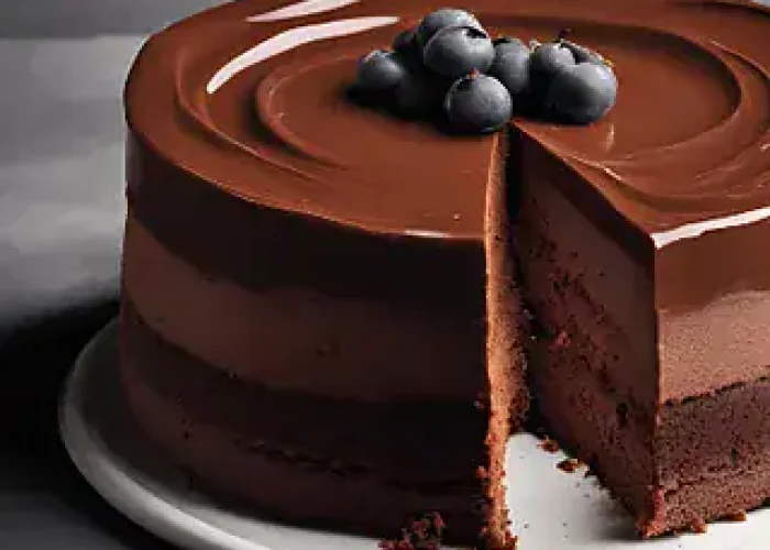 Lekkert sjokoladekakestykke med friske bær, perfekt for kaker og dessert.